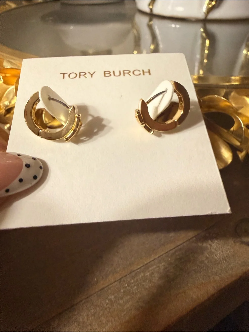 Tory Burch Gold and White Enamel Mini Logo Huggies Earrings